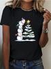 Women's Christmas-themed Snowman Pattern Printed T-shirt Harajuku Loose-fit Round Neck Short-sleeve Oversized T-shirt Cotton Top