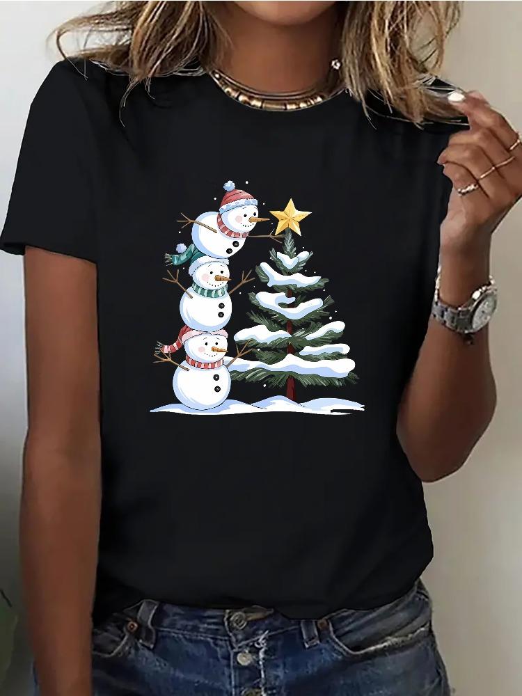 Women's Christmas-themed Snowman Pattern Printed T-shirt Harajuku Loose-fit Round Neck Short-sleeve Oversized T-shirt Cotton Top