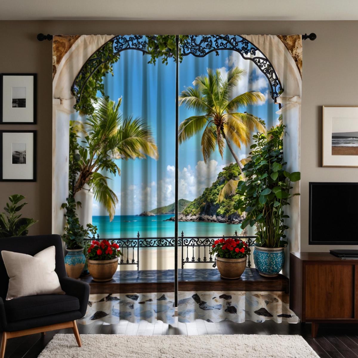 

2 шт. HD оконный тропический пейзаж декоративная занавеска с синей завязкой цифровая печатная занавеска стиль украшения дома украшение livi W52H63inchW132H160cm