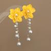 Yellow Fabric Flower Bud Dangle Earrings for Women Super Crystal Drop Earring Imitation Pearl Tassel Hanging Party Jewelry D