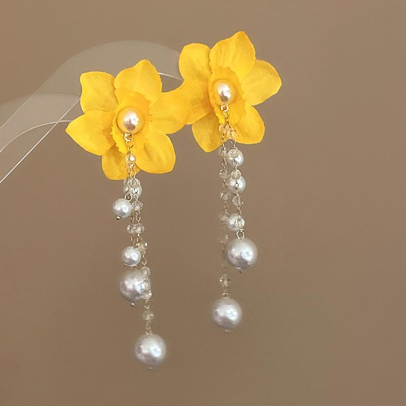 Yellow Fabric Flower Bud Dangle Earrings for Women Super Crystal Drop Earring Imitation Pearl Tassel Hanging Party Jewelry D