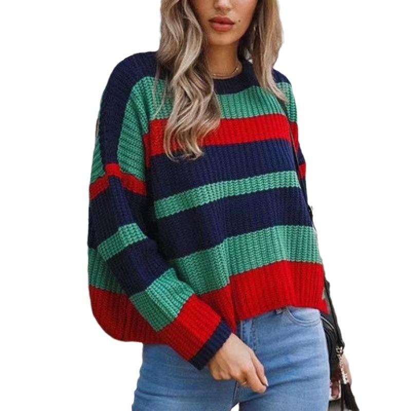 New Women's Fashion Fresh Simple Loose Multi-color Striped Knitted Sweater Comfortable Casual