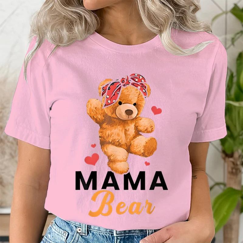 Teddy Mama Bear Graphic T Shirts Women Cartoon Bear Lover Graphic Tee Cute Teddy Mom Printed Women Tshirt Cartoon Classic Tops