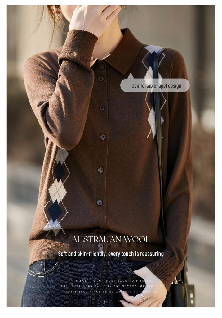 Women's French Retro Diamond Pattern Wool Knit Cardigan - Long Sleeve, Slimming Fit