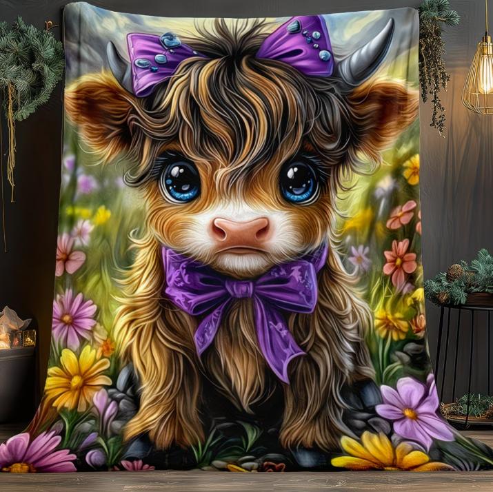 Highland Cow with Purple Bow Blanket- Lightweight Flannel Throw for Sofa, Outdoor, Camping, Livingroom, Office, Chair, and Bed