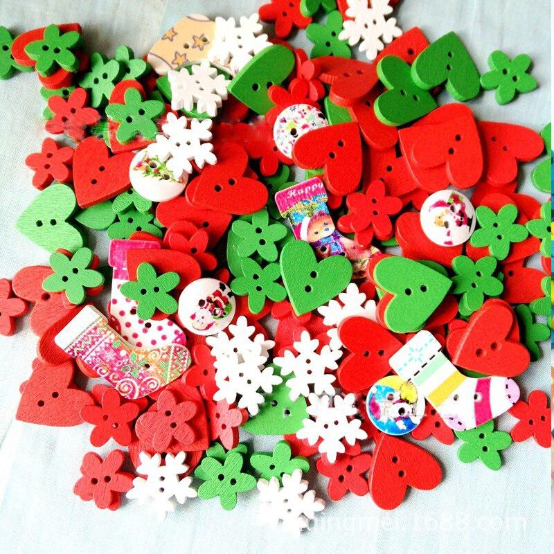 

100Pcs/Bag Mix Shape Round Flower Wooden Buttons Lovely Sewing Wood Decorative Button for DIY Craft Clothes Accessories Christmas snowflakes