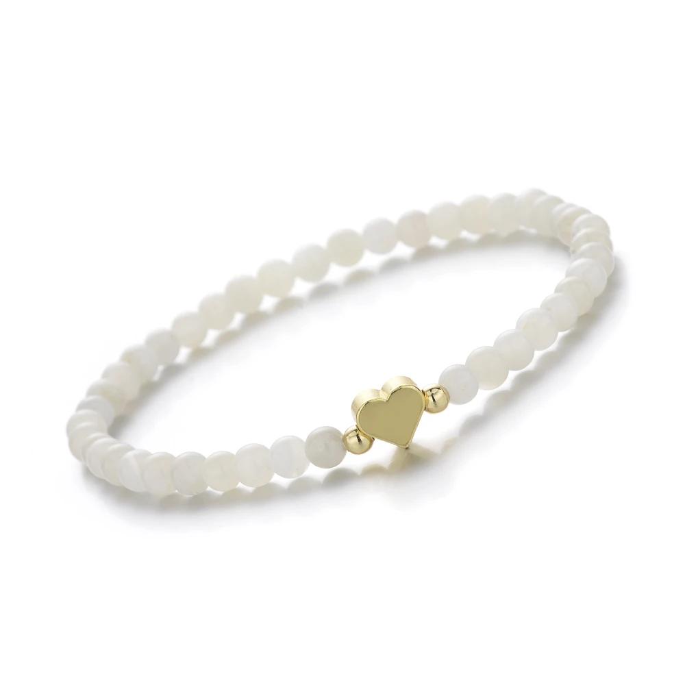 1pc Fashion 4mm Natural Stone Beads Heart Charm Stretchable Bracelet For Women Daily Jewelry