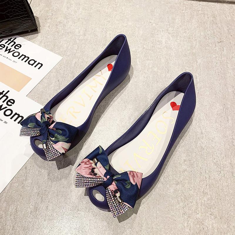 Fashion Sexy Peep Toe Mixed Color Silk Bow Flats Women Candy Color Jelly Shoes Double Layer Bowtie Ballet Shoes Summer Beach Shoes