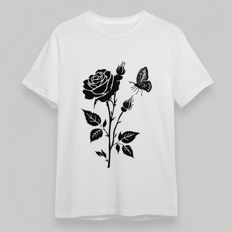 Women's Plus Size Trend Comfortable Classic T-Shirt Rose Butterfly Graphic Tee