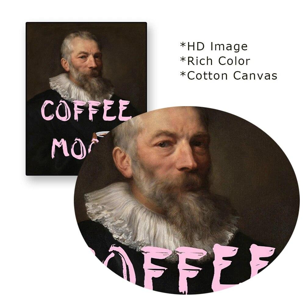 Modern Art Poster Coffee Mood Funny Alter Art Prints Portrait Man with Coffee Cup Canvas Painting Pink Quote Baroque Wall Decor