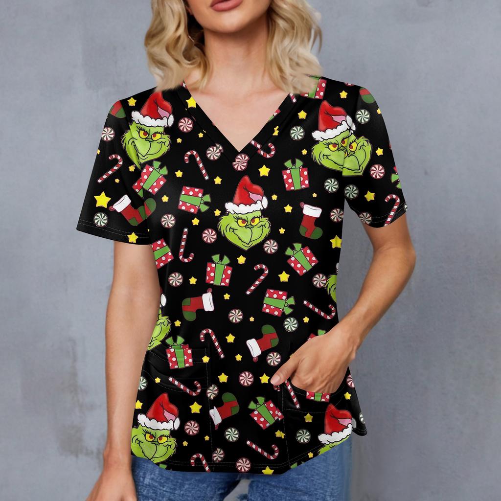 Women's Christmas Print V-Neck Double Pocket Short Sleeve Uniform Top With Slit Hem
