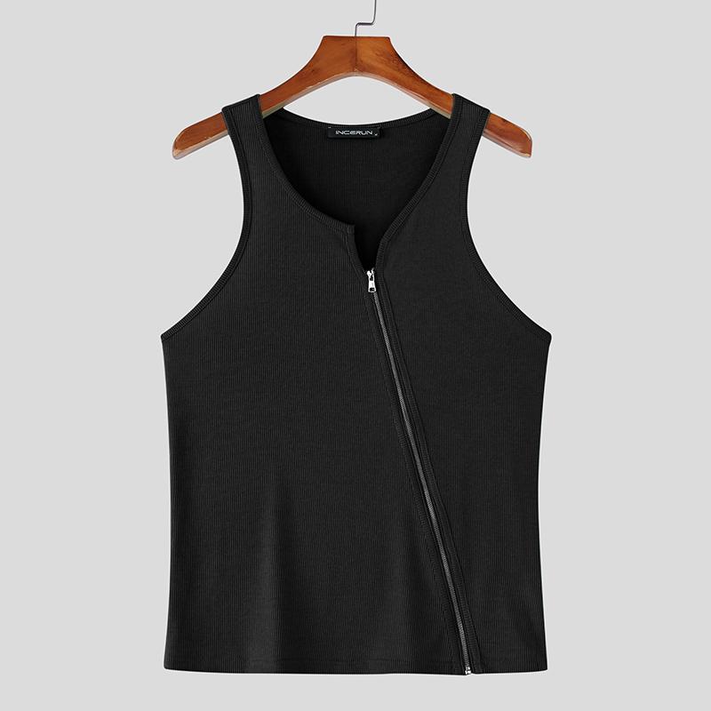 

INCERUN Summer Men Strap Sleeveless Zip-up Casual Fitted Rib Tank Tops S
