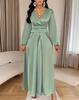 Women's Satin V Neck Wrap Lantern Sleeve Bandage Waist Pleated Maxi Dress Solid Color Casual Dress