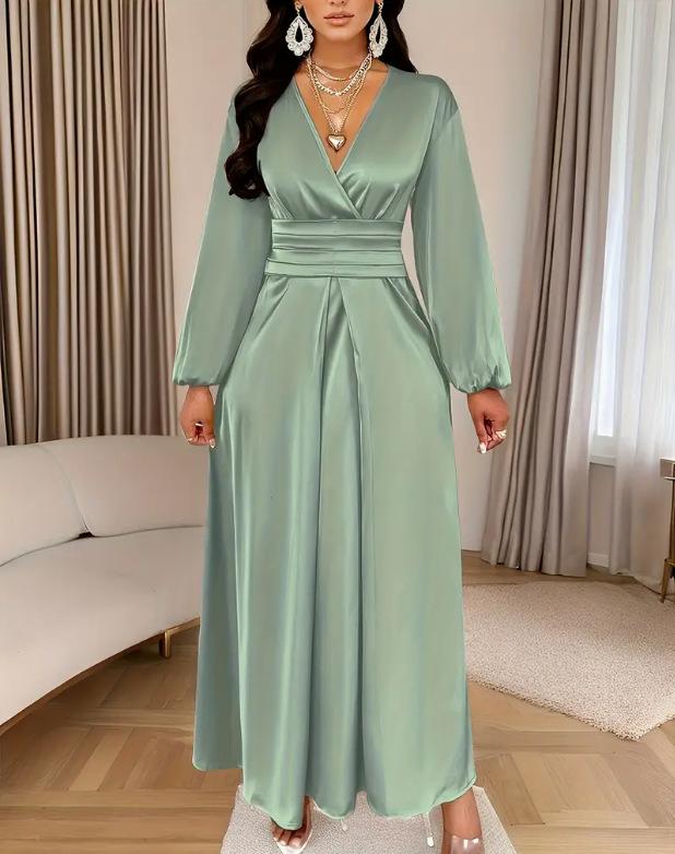 Women's Satin V Neck Wrap Lantern Sleeve Bandage Waist Pleated Maxi Dress Solid Color Casual Dress