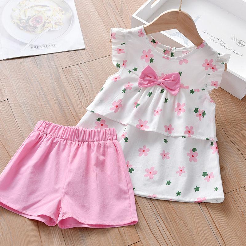 Lányok Nyári Alkalmi Kétrészes Szett Új Gyermek Sokoldalú Felső Ruházat 1-5 Éves Korig Rövidnadrág Szett