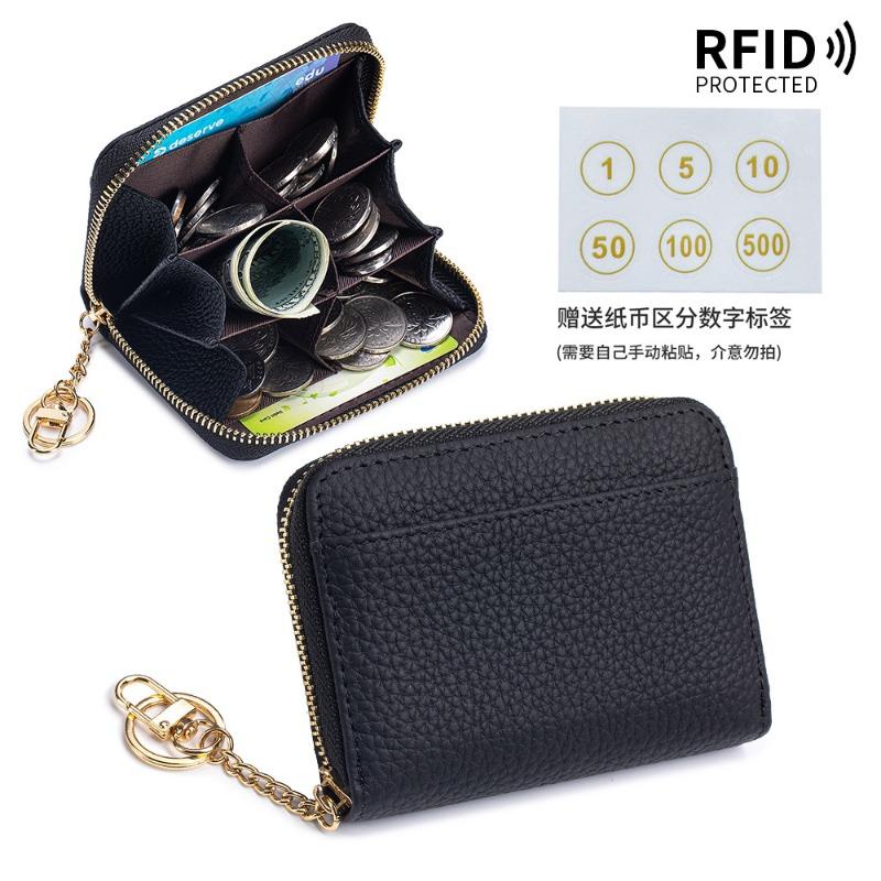 

New first-layer cowhide short partition layer coin change bag genuine leather RFID Japanese multi-functional mini wallet women