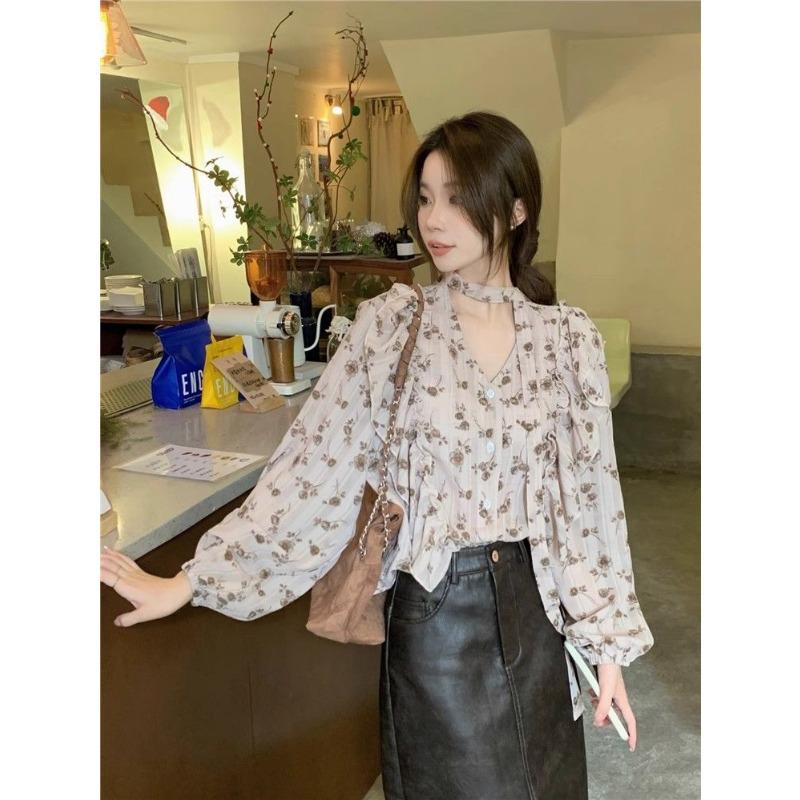 Lace Up Ruffle Edge Floral Shirt Women's Long Sleeve V-neck Female's Single Breaste Blouse French Gentle Lady's Chic Top