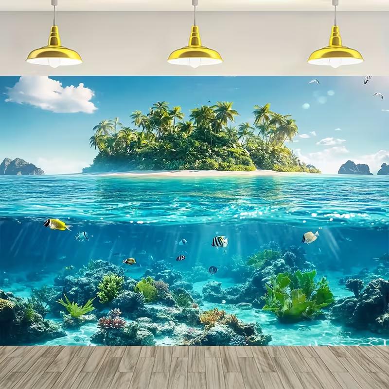 2D Split View Ocean Island Backdrop Underwater Photography Background 47.2x31.5inch/120*80cm