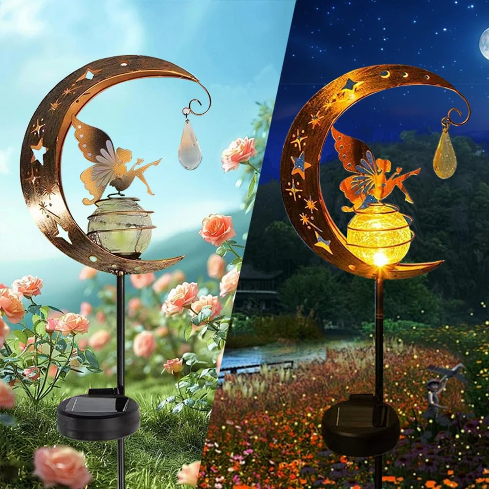 YZYOE Sun Moon Flower Fairy Crystal Garden Decor Iron Beautiful Fairy Crystal Wireless Dusk To Dawn LED Lamp, Lamp, Waterproof.