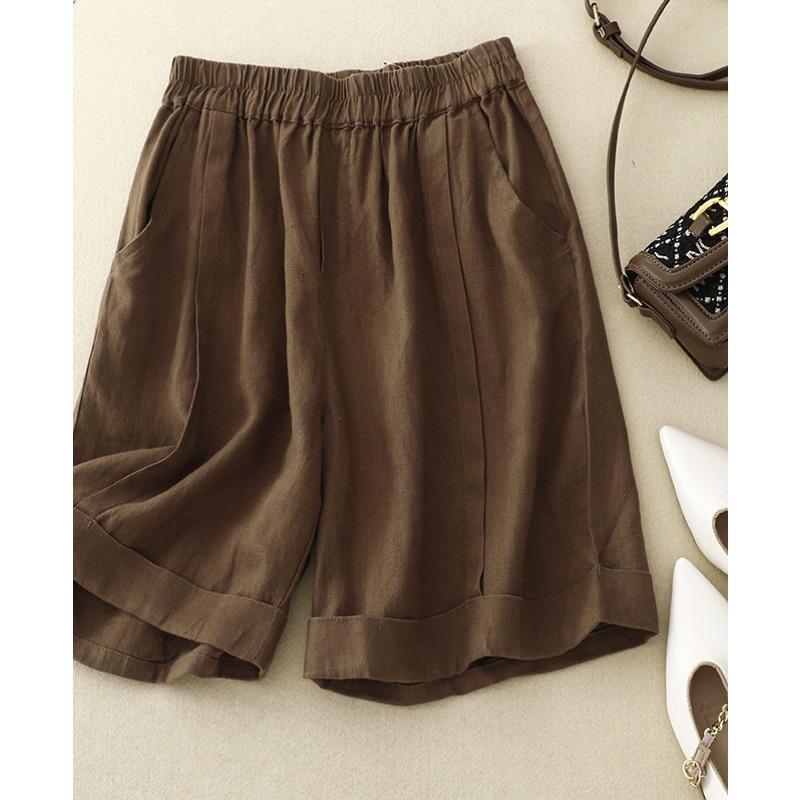 Real Shot Summer New Cotton and Linen Literary Large Size Thin Elastic Waist Loose A-shaped Wide-leg Shorts Women