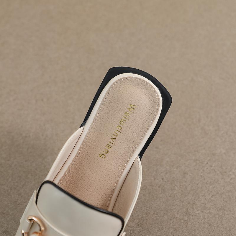 Papuci de primăvară pentru femei, noi, plați, tip mule pătrat, pantofi casual de exterior, stil coreean, design metalic elegant, pentru banchet și birou