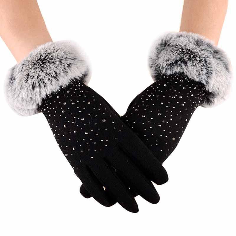 Winter Womens Fashion Outdoor Sport Warm Fur Crystal Thick Finger Mittens Gloves