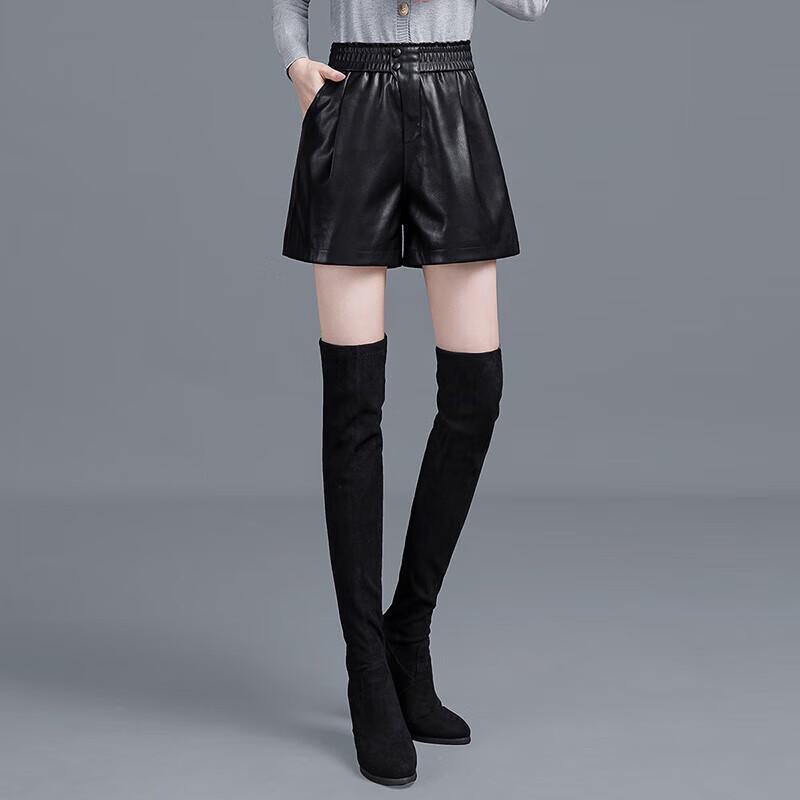 Sibaishai Women's High-Waisted Wide-Leg Faux Leather Shorts