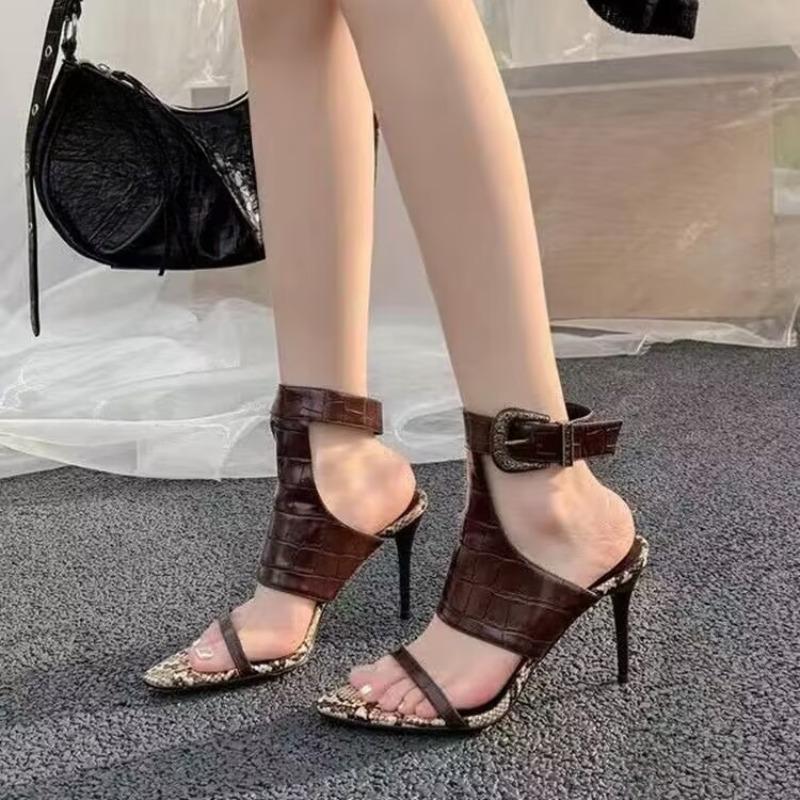 New Retro Pointed Toe Temperament High Heels Soft Leather Roman Open Toe Sandals Women's Summer Sexy Shoes