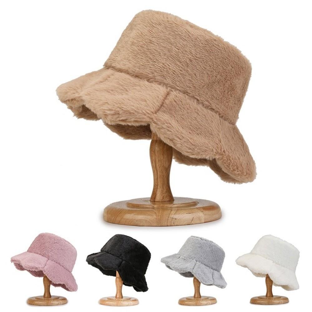 Cold -proof Faux Fur Bucket Hat Warmer Winter Panama Hat Simple Plush Fisherman Hat Shopping