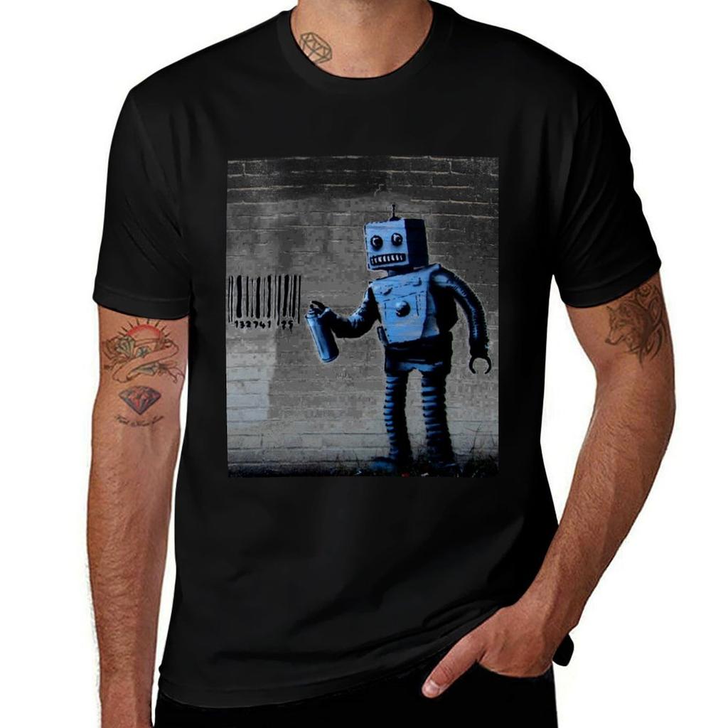 GRAFFITI ROBOT BARCODE BANSKY TShirt Basic Solid Color Short Sleeve Cotton Top