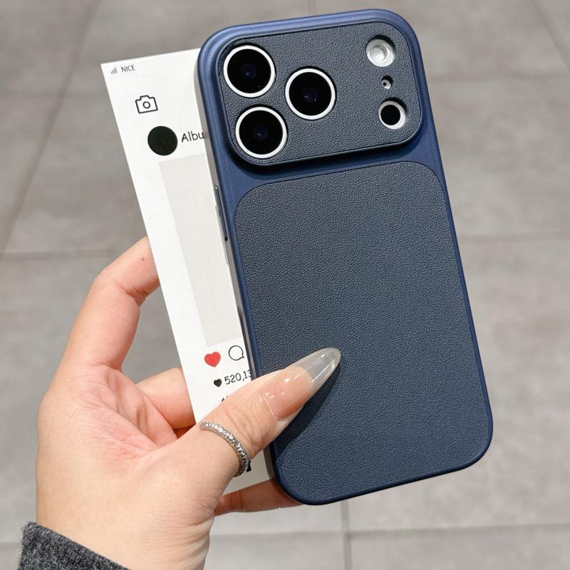 Luxury Leather Texture Hard Large Window Case for iPhone 17 Air 16 15 14 13 Pro Max Plus 17Promax Shockproof Matte Phone Cover