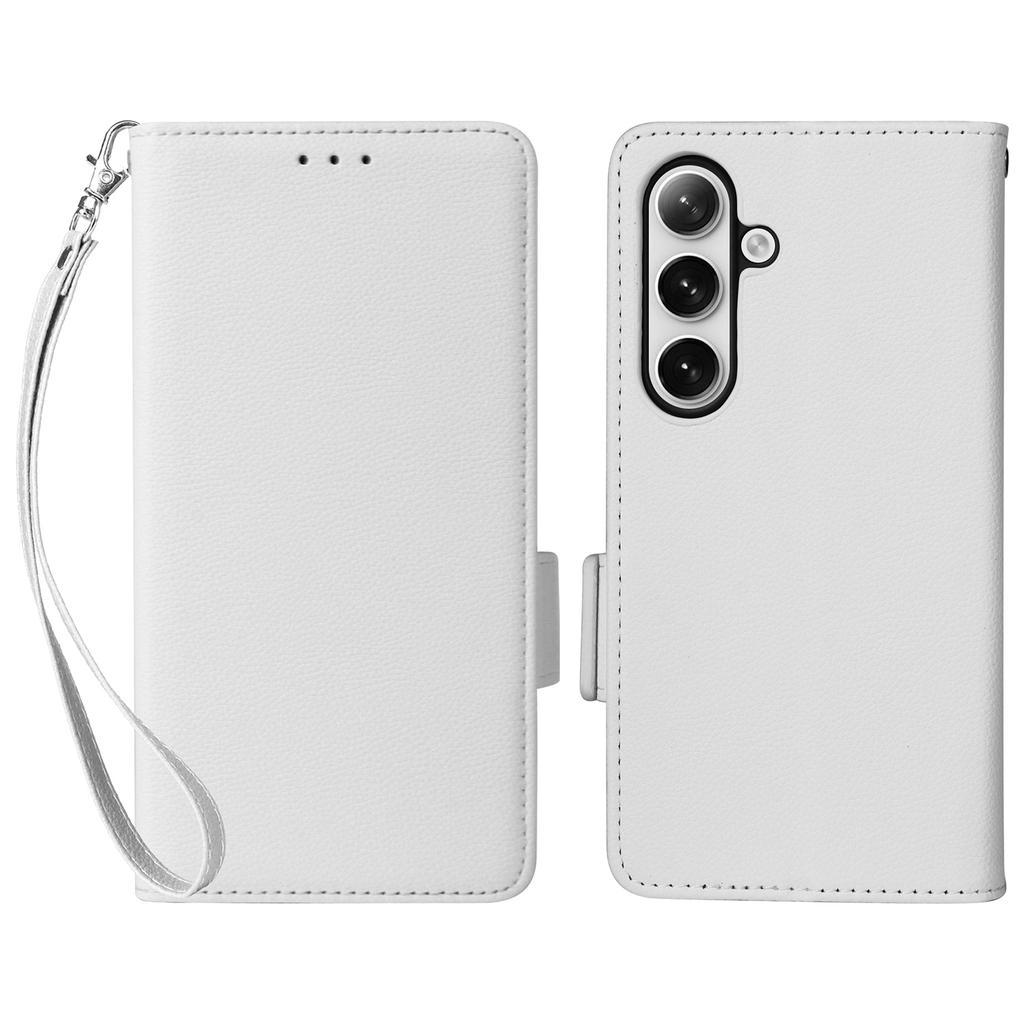 For Samsung Galaxy S25 Case with Wrist Strap Litchi Texture PU Leather Wallet Phone Cover