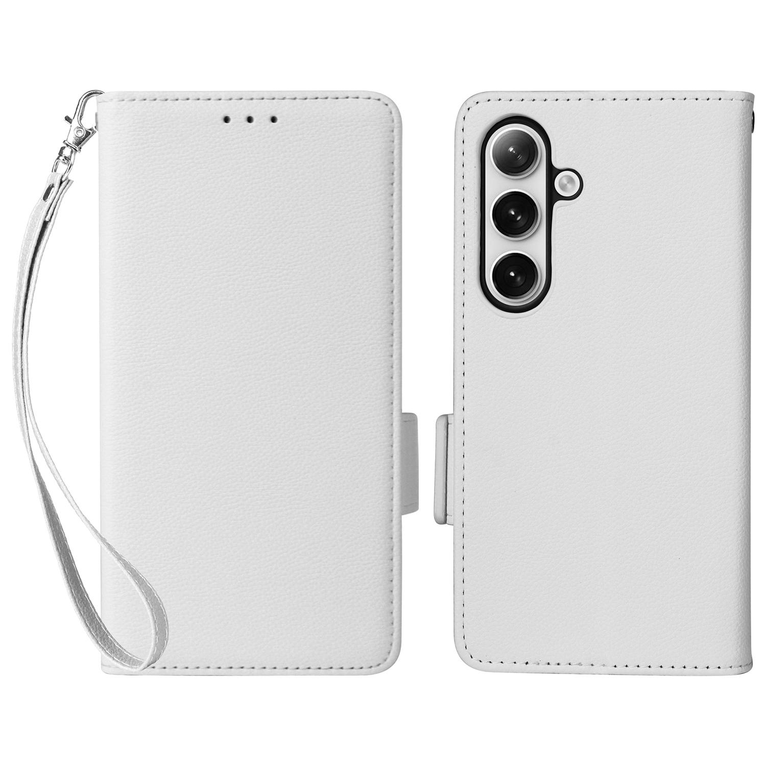 

Чехол для Samsung Galaxy S25+ с ремешком на запястье, текстура личи, кошелек из ПУ кожи, чехол для телефона White