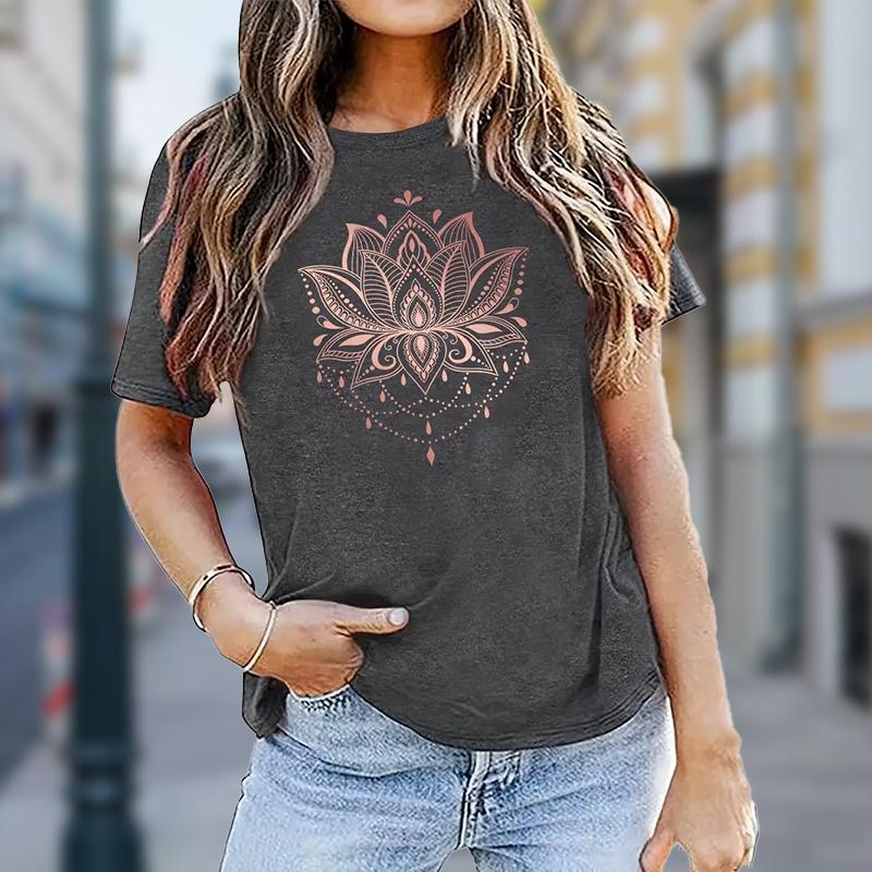 Women Summer T Shirt  Print Lotus Flower Short Sleeve Tees Casual   Printed  Tops
