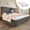 Cama Estofada 160x200 cm Casal com Porta-Copos Oculto e Estação de Carregamento, Hidráulica com Arrumação por Baixo da Cama, Cinza Linho (Com Colchão)