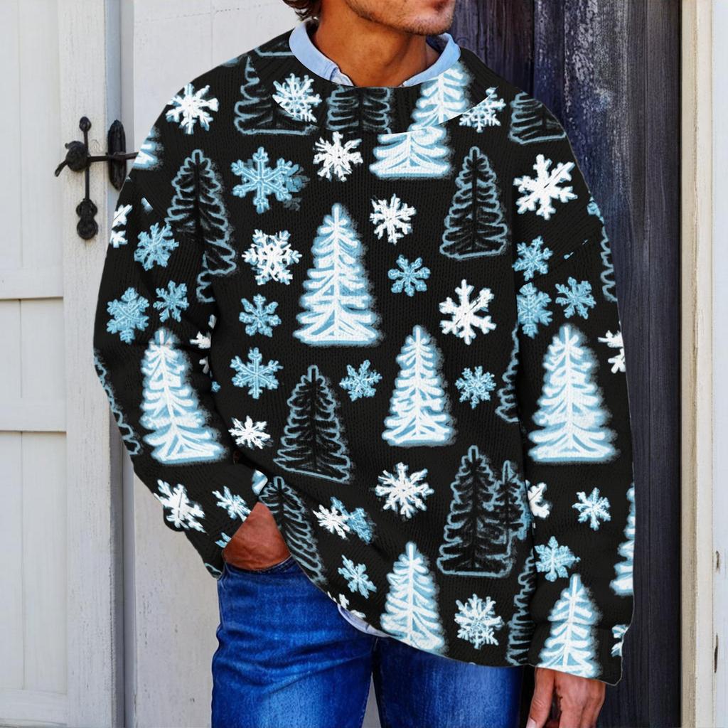 Men's Neck Knit Sweater with Christmas Print for Fall Winter Holiday