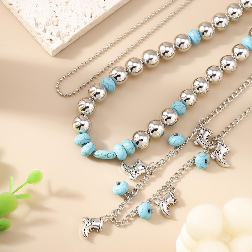 Vintage Ethnic Style Cowboy Boot Pendants Necklace Multi-layer Beads Turquoise Choker Necklaces Bohemia Jewelry Gifts
