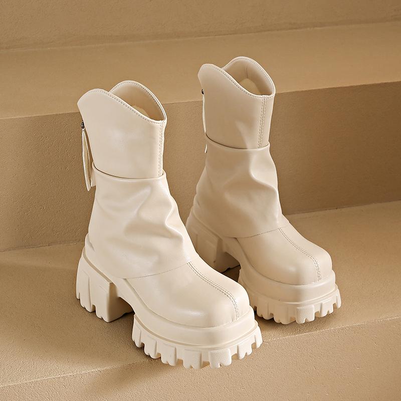Mode 9 cm Hoher Absatz Plateau Stiefeletten für Damen 2024 Neue Mode Kurzes PU-Leder Boost in Schwarz