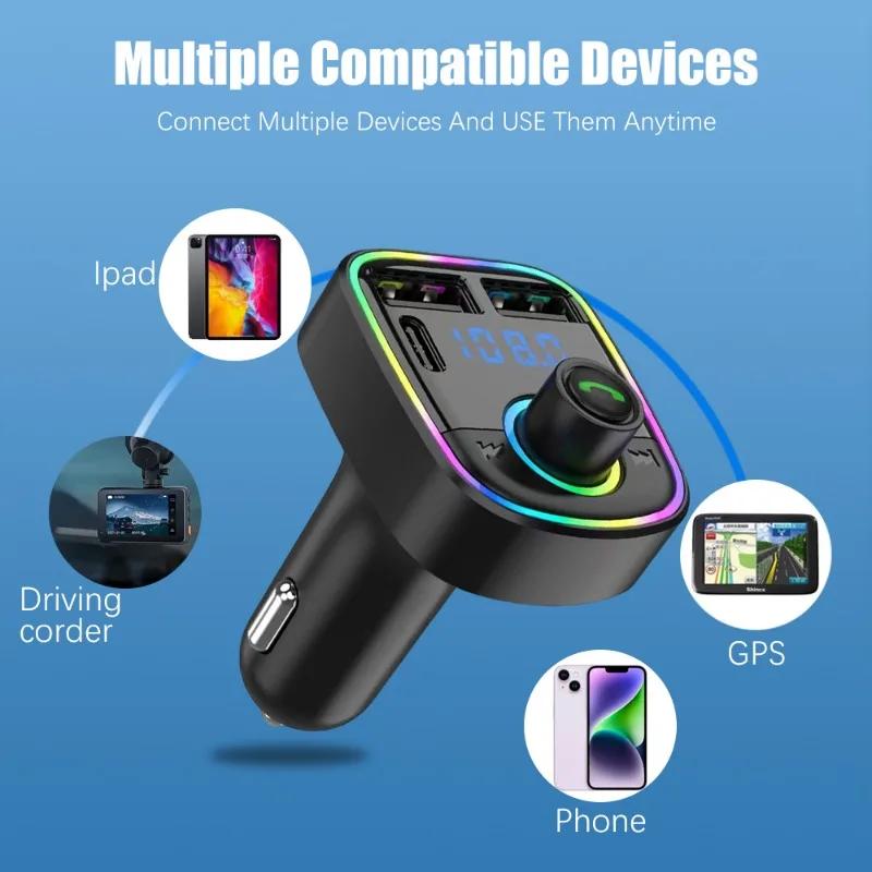 Multifunctional Car Charger Car Bluetooth 5.2 FM Transmitter PD Type-C Dual USB 3.1A Fast Charger Multi Hole Color Ambient Light