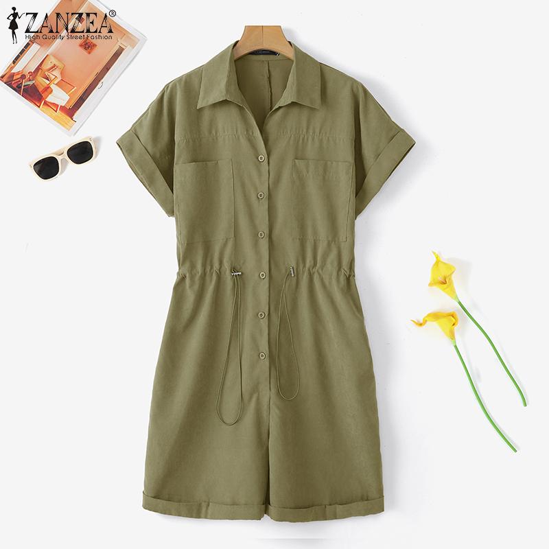 

ZANZEA Женские комбинезоны-ромперы с лацканами, короткими рукавами, пуговицами и кулиской на талии, повседневные 5XL армия зеленый