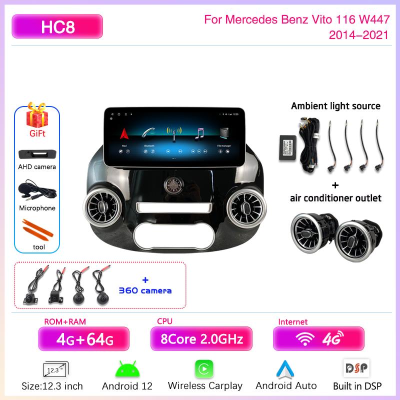 12.3" Android 12 Car Multimedia Video Player For Mercedes Benz Vito 116 W447 2014-2025 GPS Navigation8core CarPlay 4G 360Camera