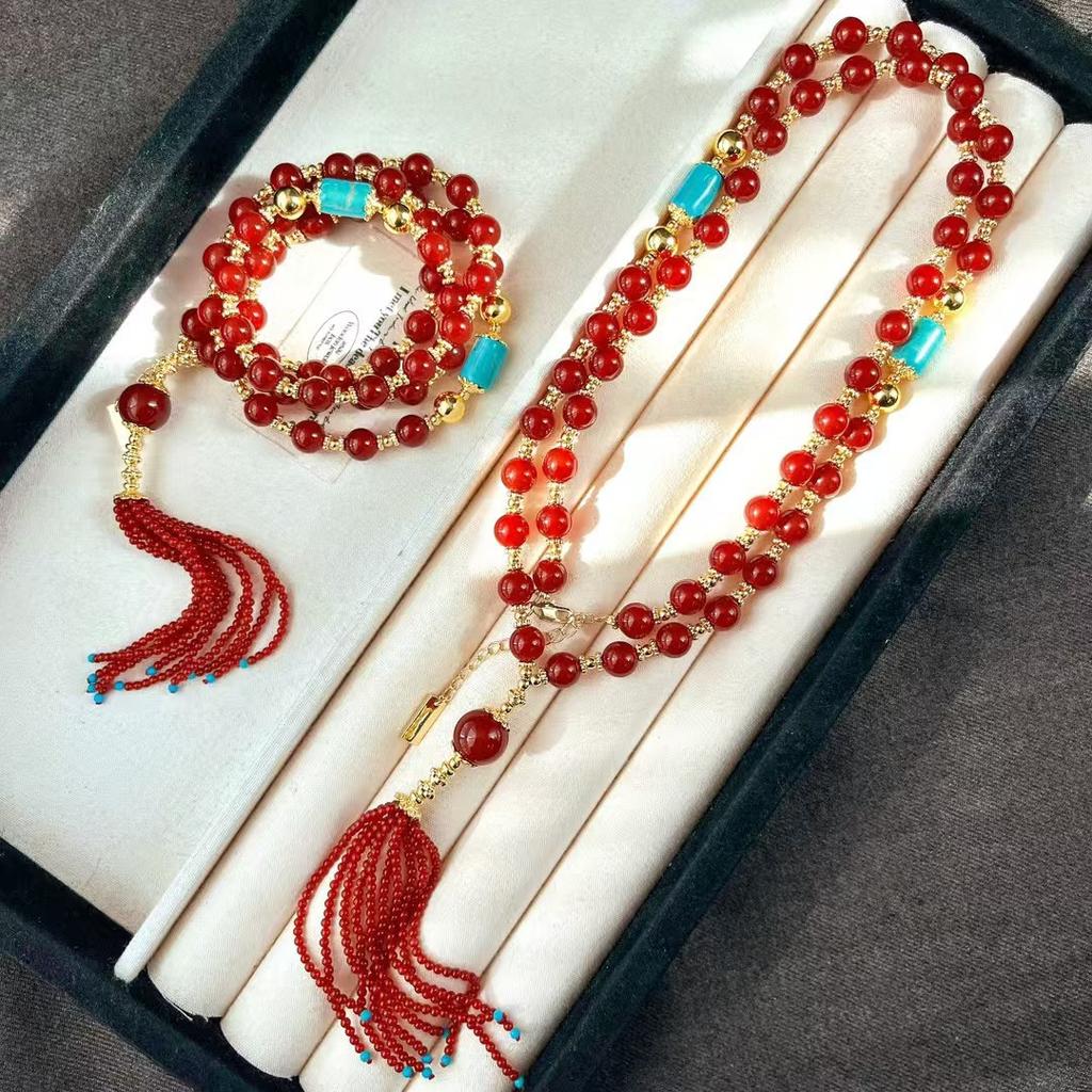 Vintage Vitreous Body High Quality Natural Chalcedony Agate Tassel Necklace Clavicle Chain Sweater Chain