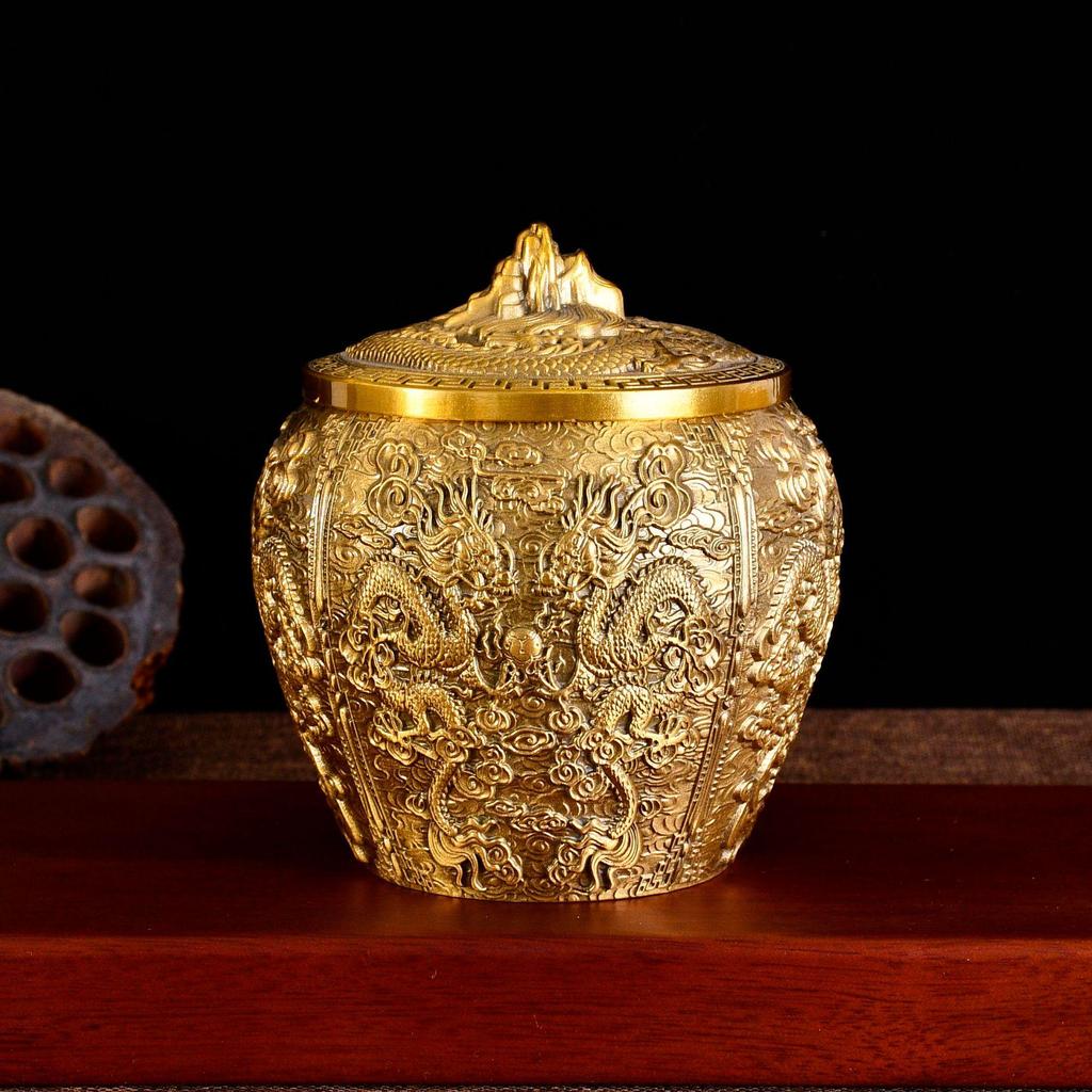 Kangqian Dragon & Phoenix Copper Tea Caddy - Dragon Head Storage Jar for Office Tea Ceremony