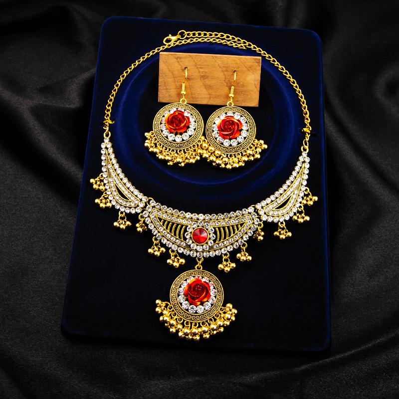 Metal Rose Necklace, Exotic Retro Ruby Earrings, Fashionable Literary Tassel Set