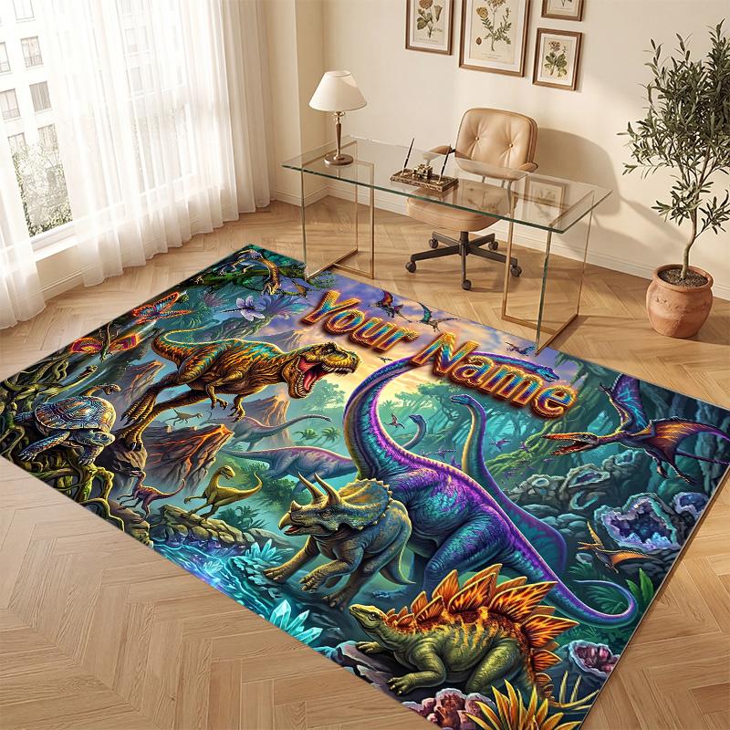 Dinosaur Theme Soft Crystal Velvet Rug Custom Name & Text Print Non Slip Floor Rug for Bedroom Living Room