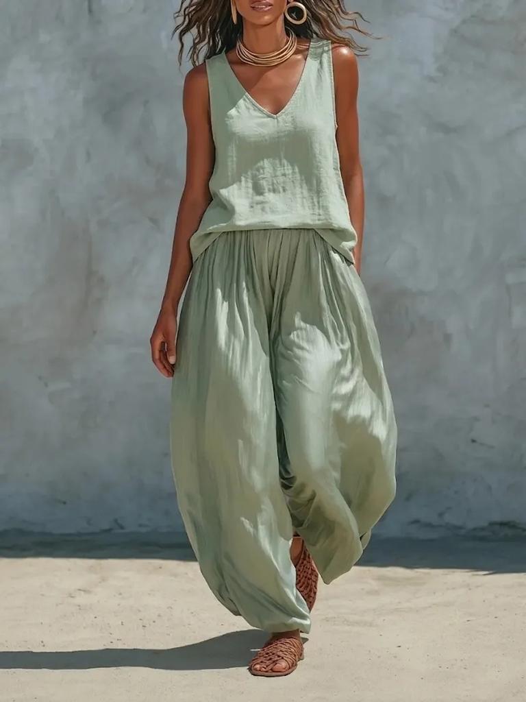 Damen Lässiges V-Ausschnitt Ärmelloses Oberteil und Weite Hosen Set Sommer Loungewear Zweiteiliges Outfit