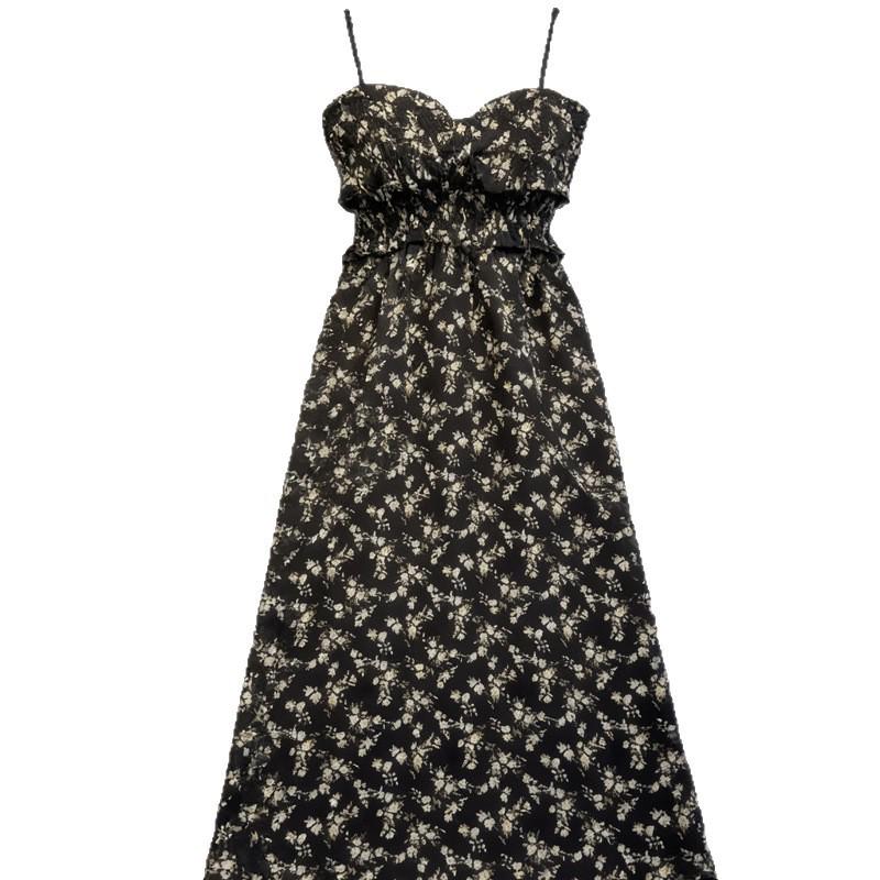 Women's Spring 2026 Floral Black Spaghetti Strap Dress: Strapless, Waist-Cinching, Slit, Long Tea Break Style