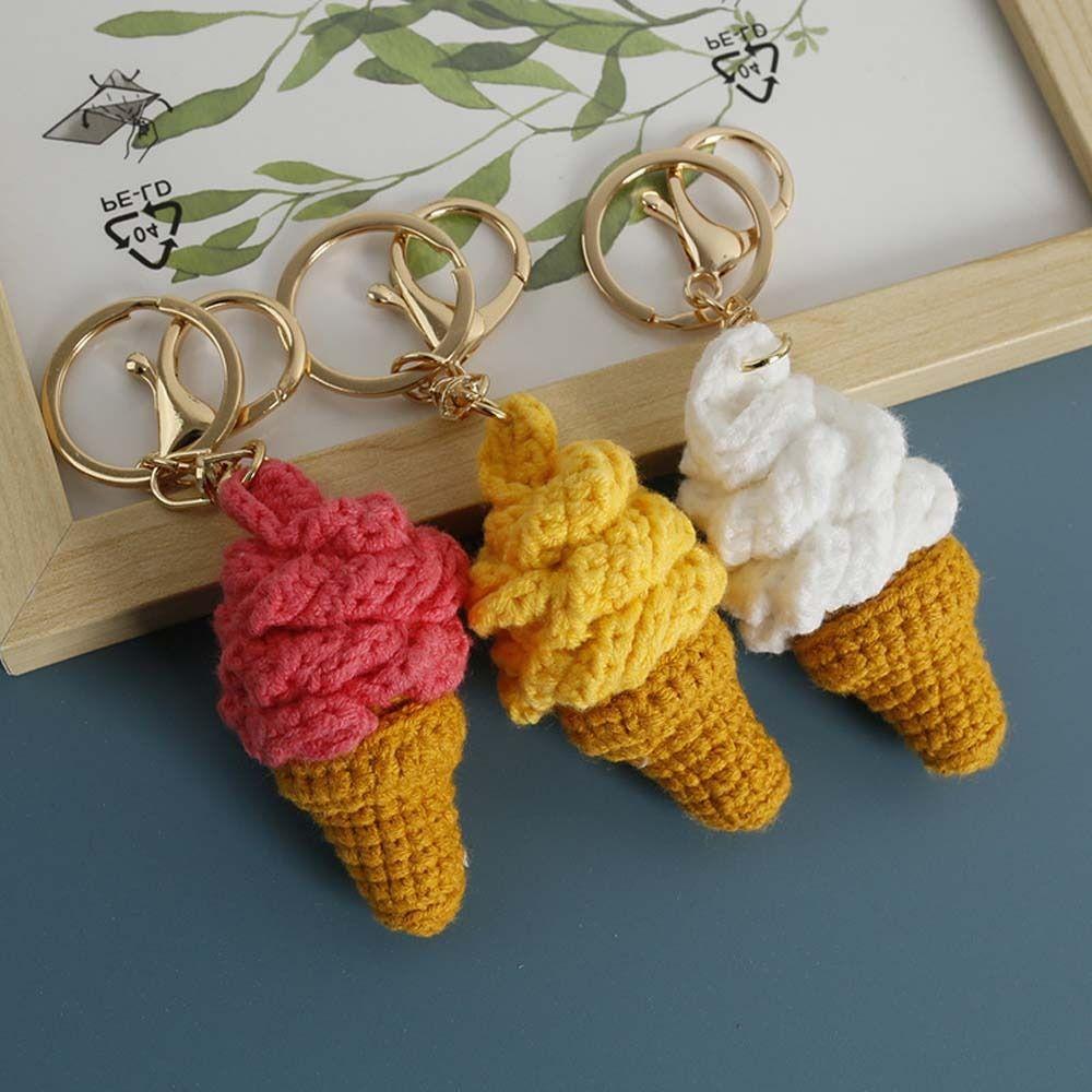 Handmaking Crochet Keychain Ice Cream Cone Knitted Keyrings Exquisite Ice Cream Pendant Backpack