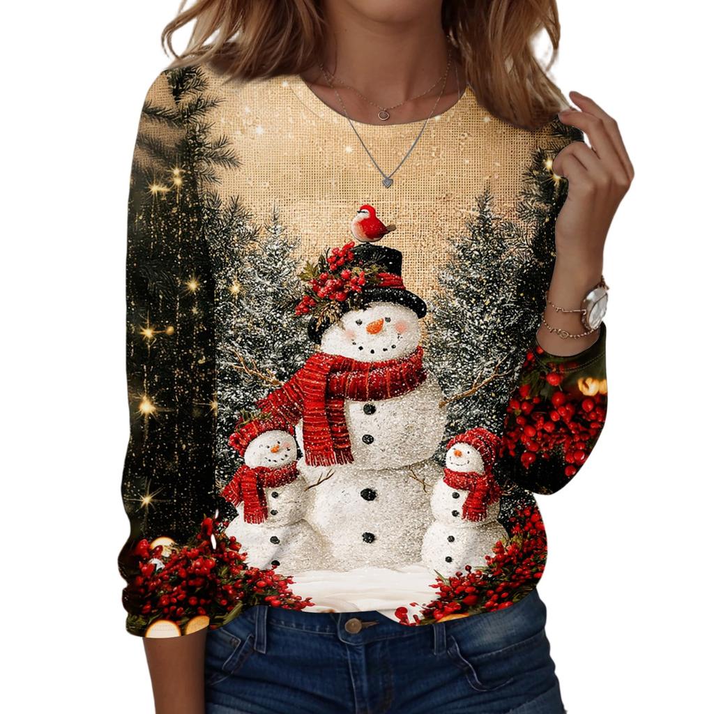 Women's Casual Long Sleeve Christmas Print Round Neck Top
