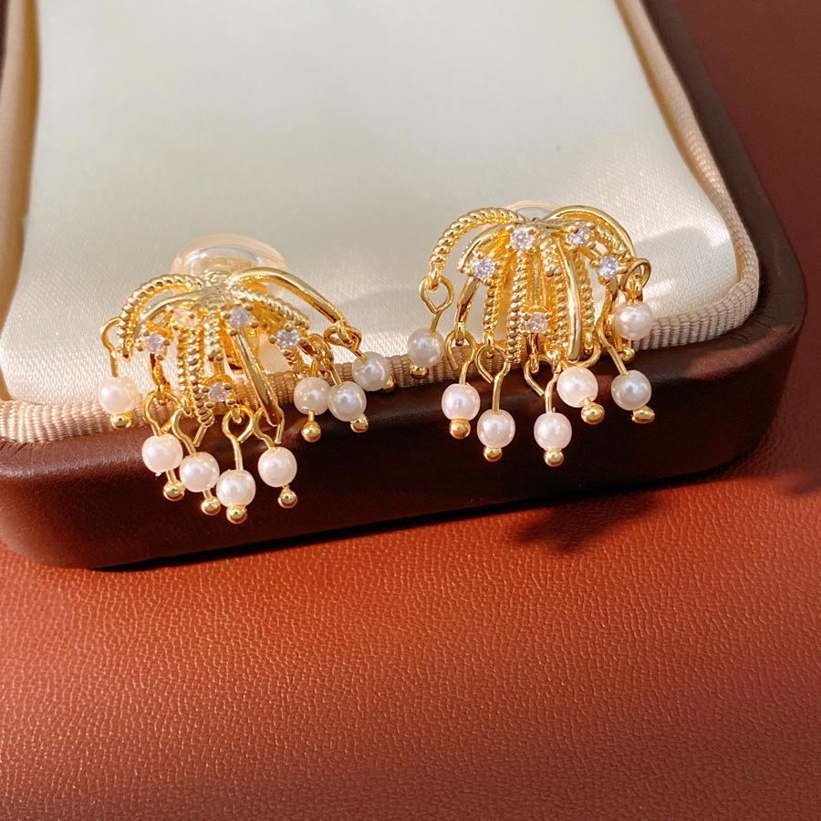 18k Gold-Plated Zircon Firework Pearl Ear Clip - Versatile, Luxurious Earring Accessory for Women